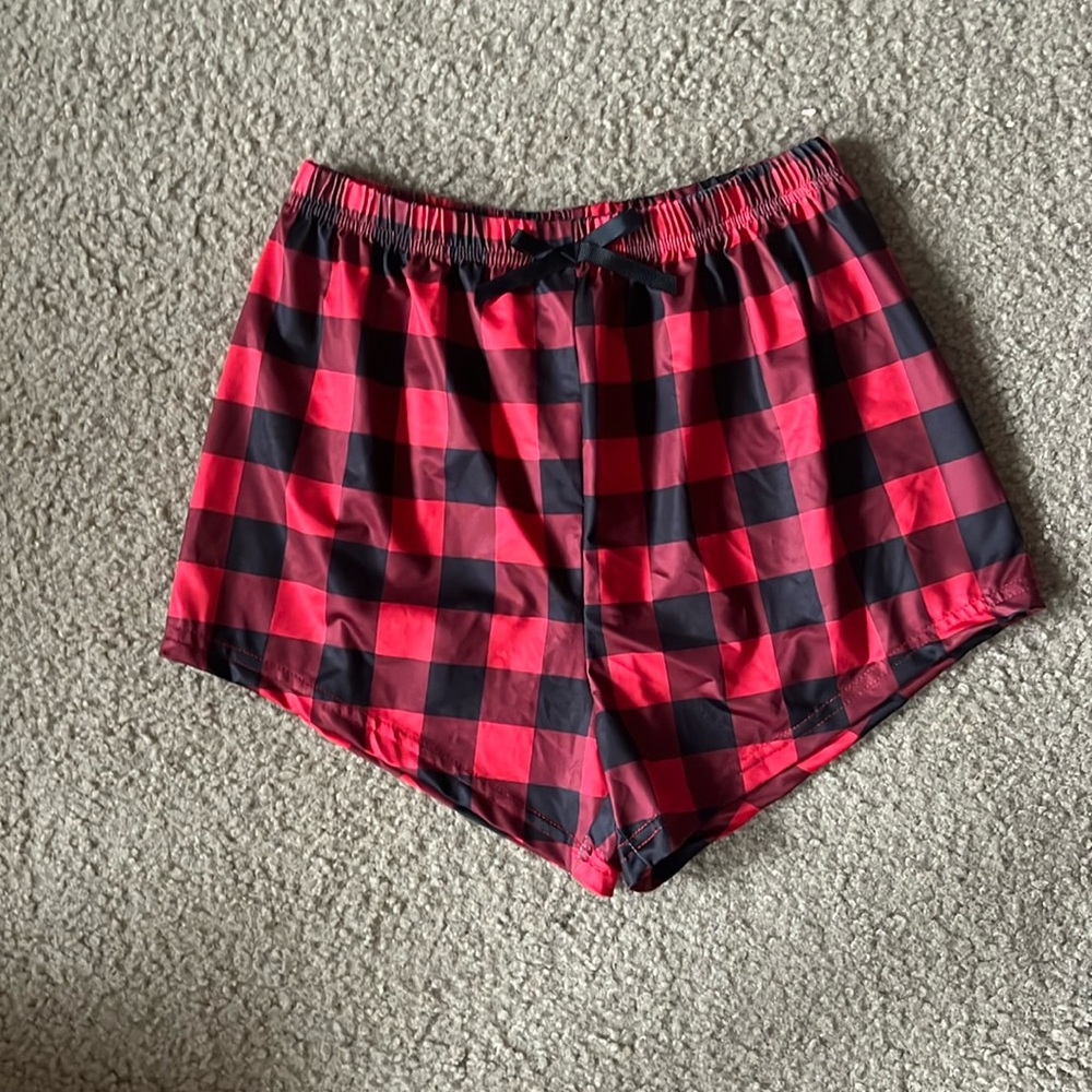 Red and black plaid pajama shorts